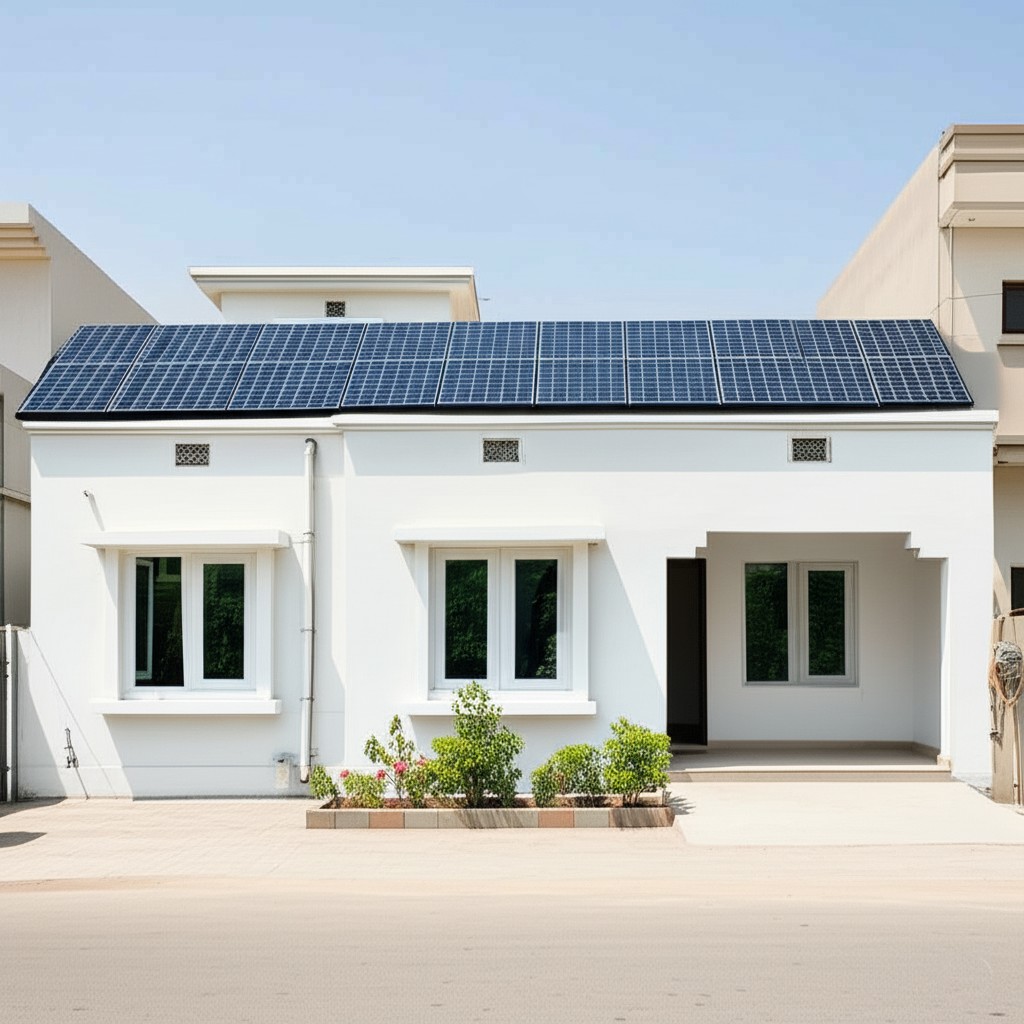 After `solar panel installation Karachi`: A roof with newly installed solar panels, providing `renewable energy solutions Karachi`.
