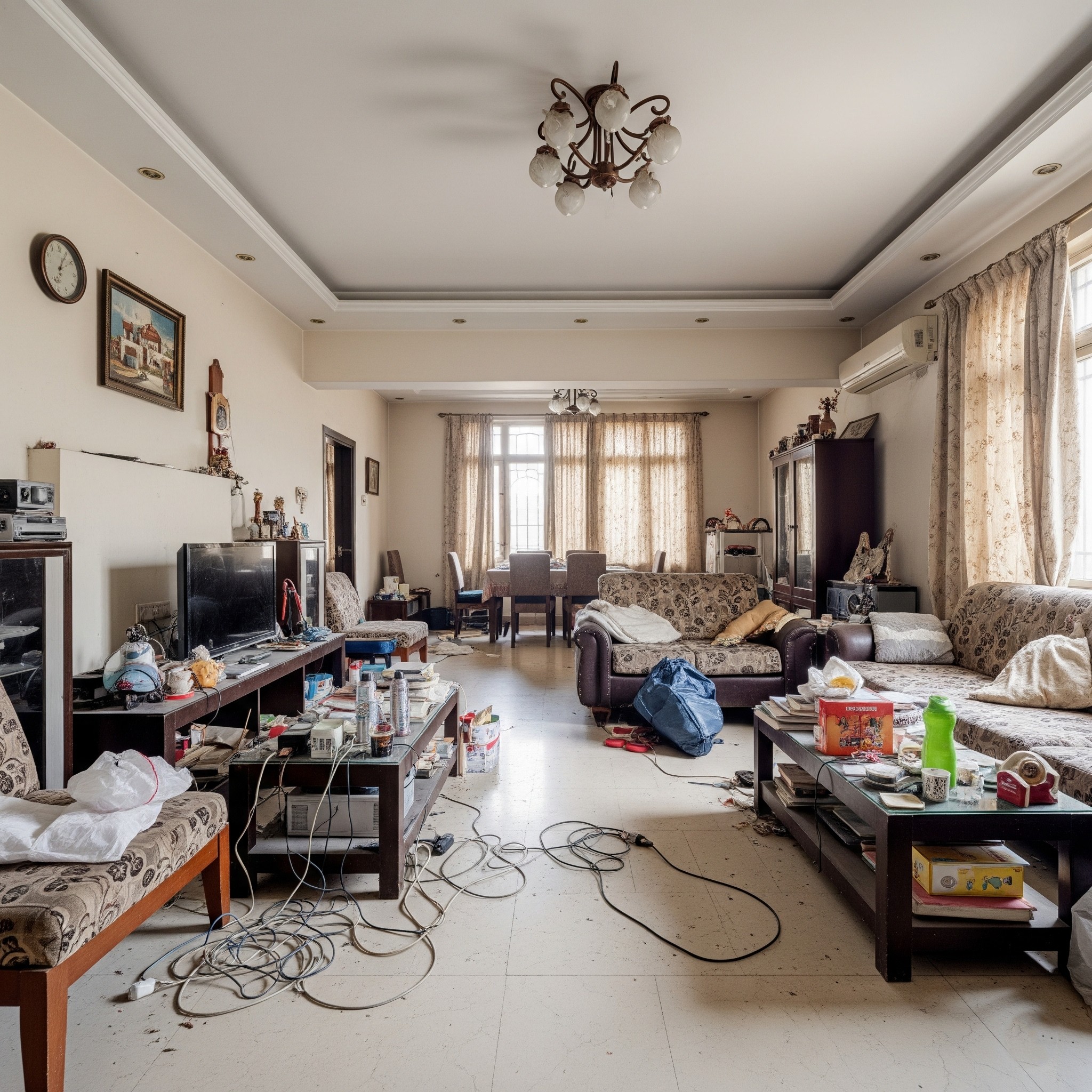 Before interior design: A cluttered living room in a Karachi home.