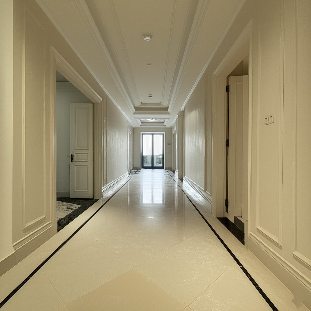After `debris removal after construction Karachi` and comprehensive cleaning, a clean and welcoming hallway.