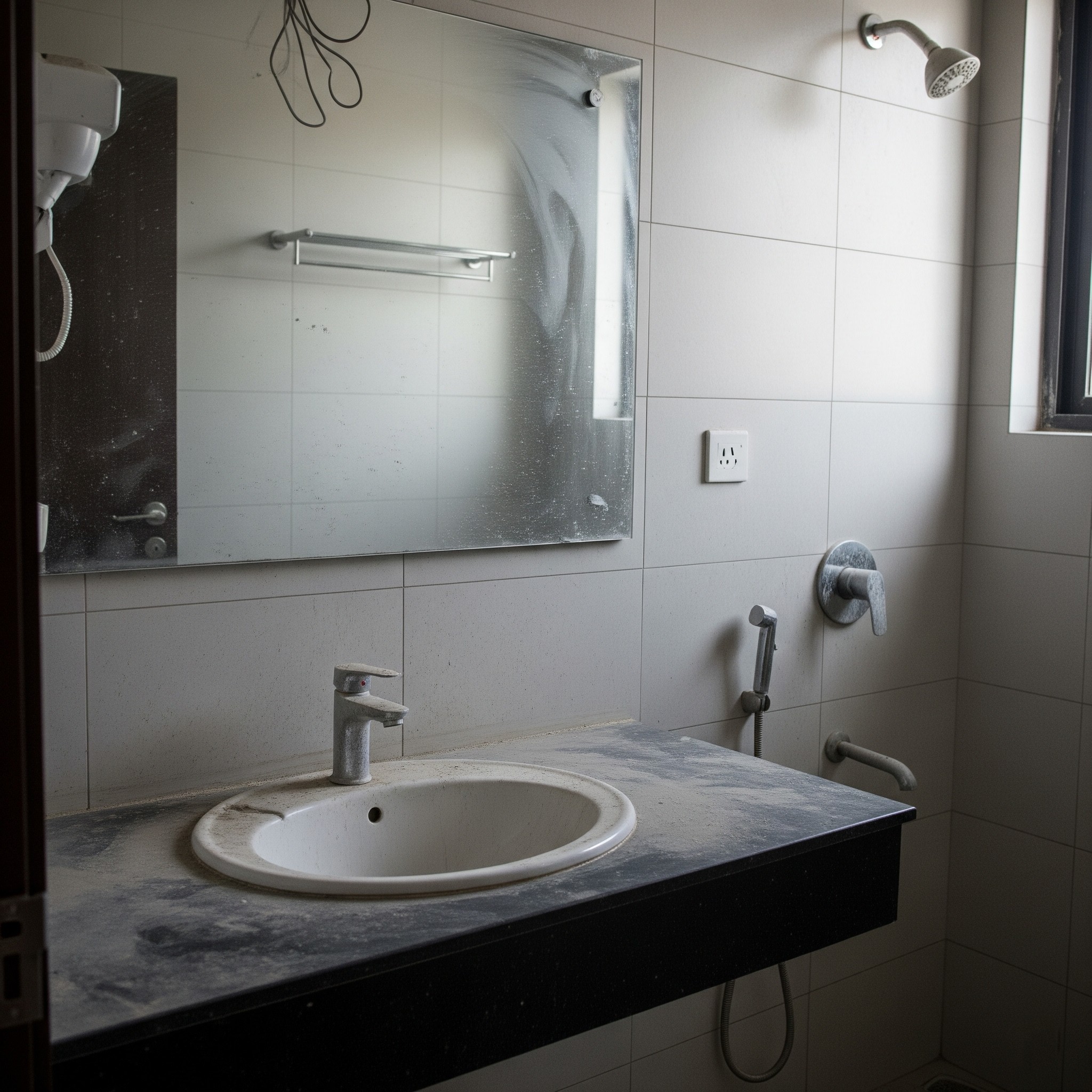 Before `after renovation cleaning Karachi`: A kitchen with paint splatters and construction residue.
