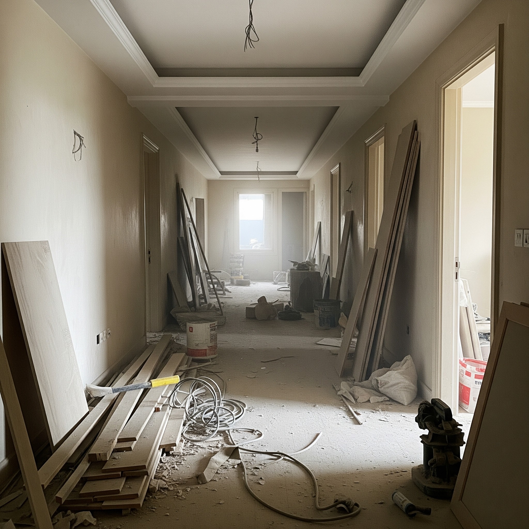 Before `post construction cleaning Karachi`: A hallway filled with construction debris and dust.