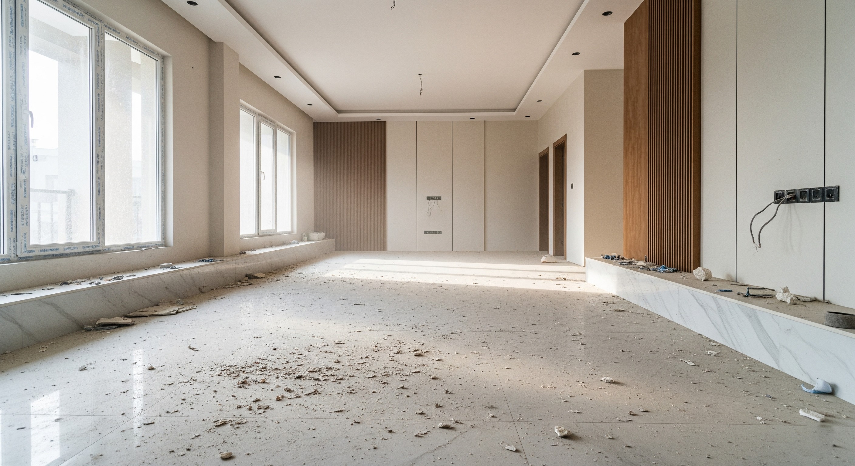 Before post renovation cleanup: A living room covered in construction dust and debris in a Karachi home.
