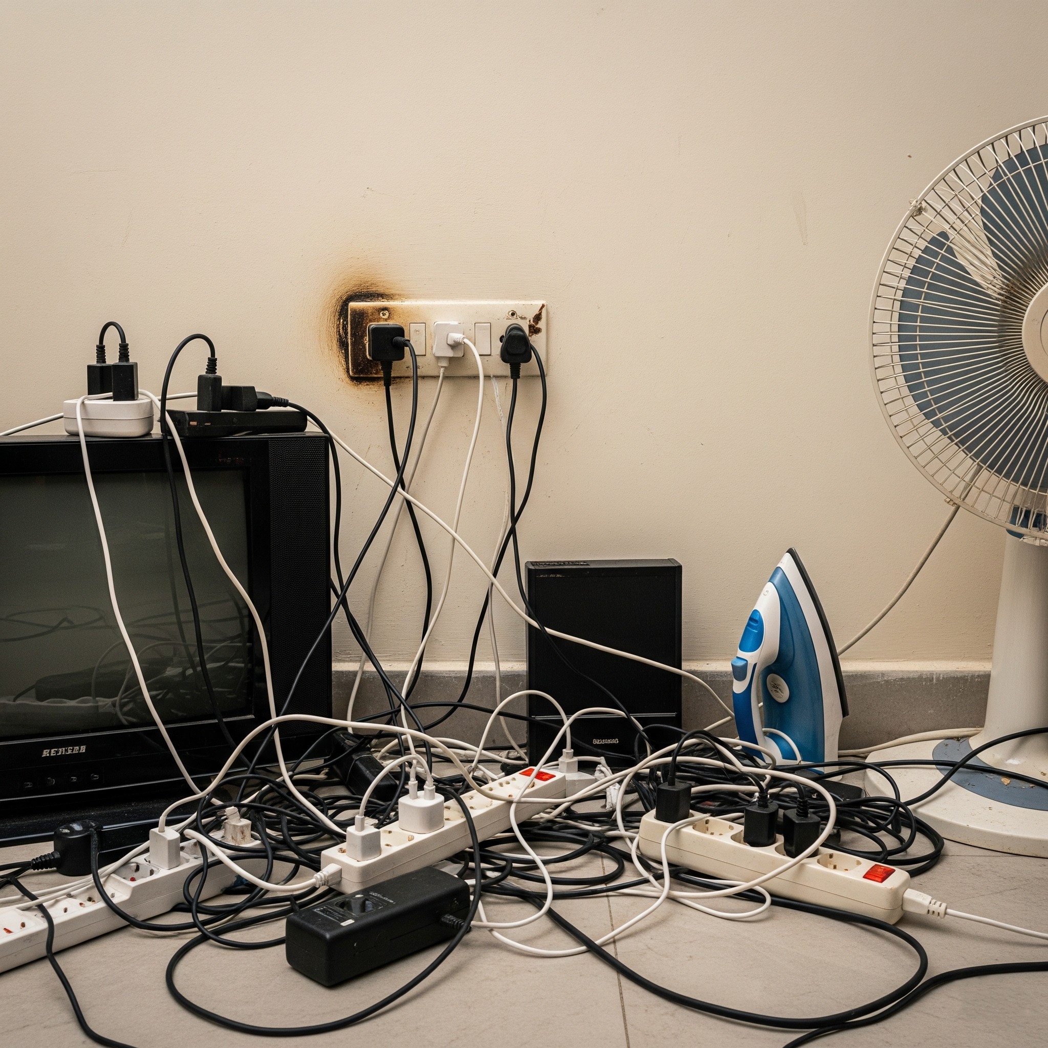 Before electrical upgrade: An overloaded power outlet with multiple extensions in a Karachi office.