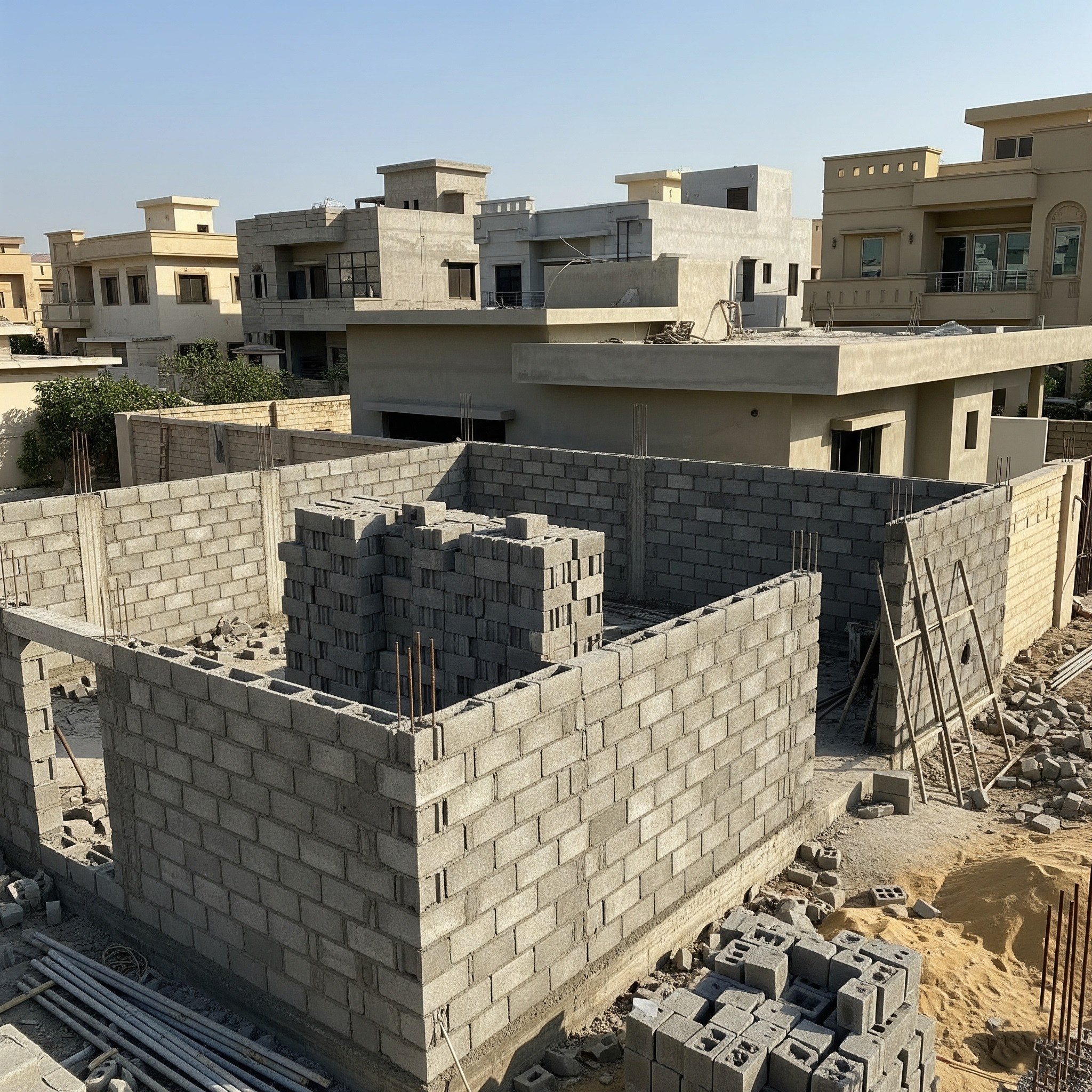 Before `concrete block work Karachi`: Raw concrete blocks being laid.