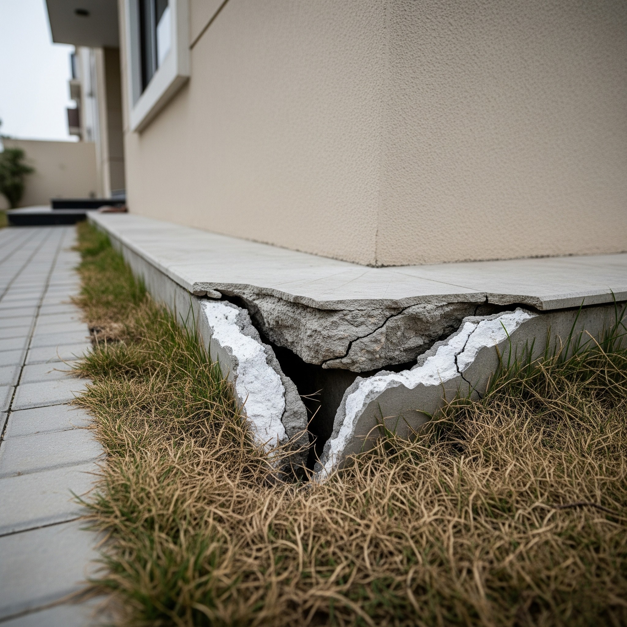 Before `foundation repair Karachi`: Cracked and damaged building foundation.
