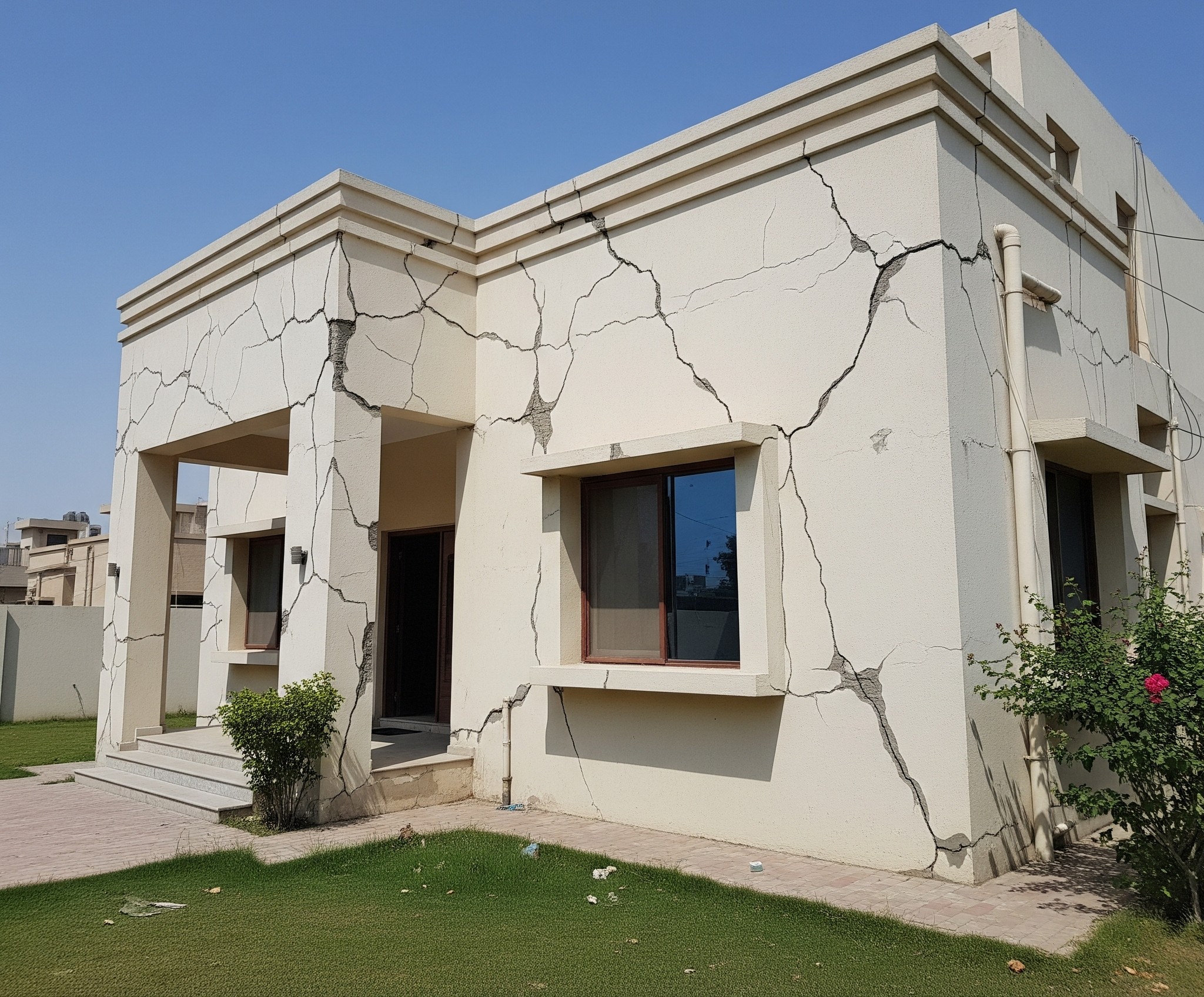 Before `wall crack repair Karachi`: Significant cracks in a building wall.