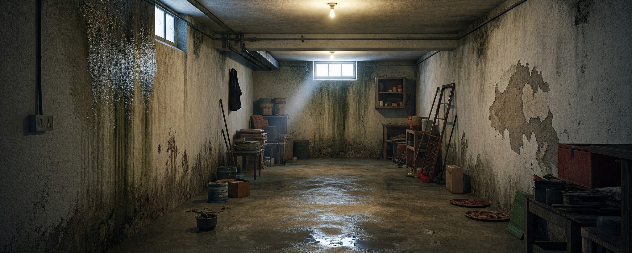 Before `basement waterproofing Karachi`: Damp, moldy basement walls.