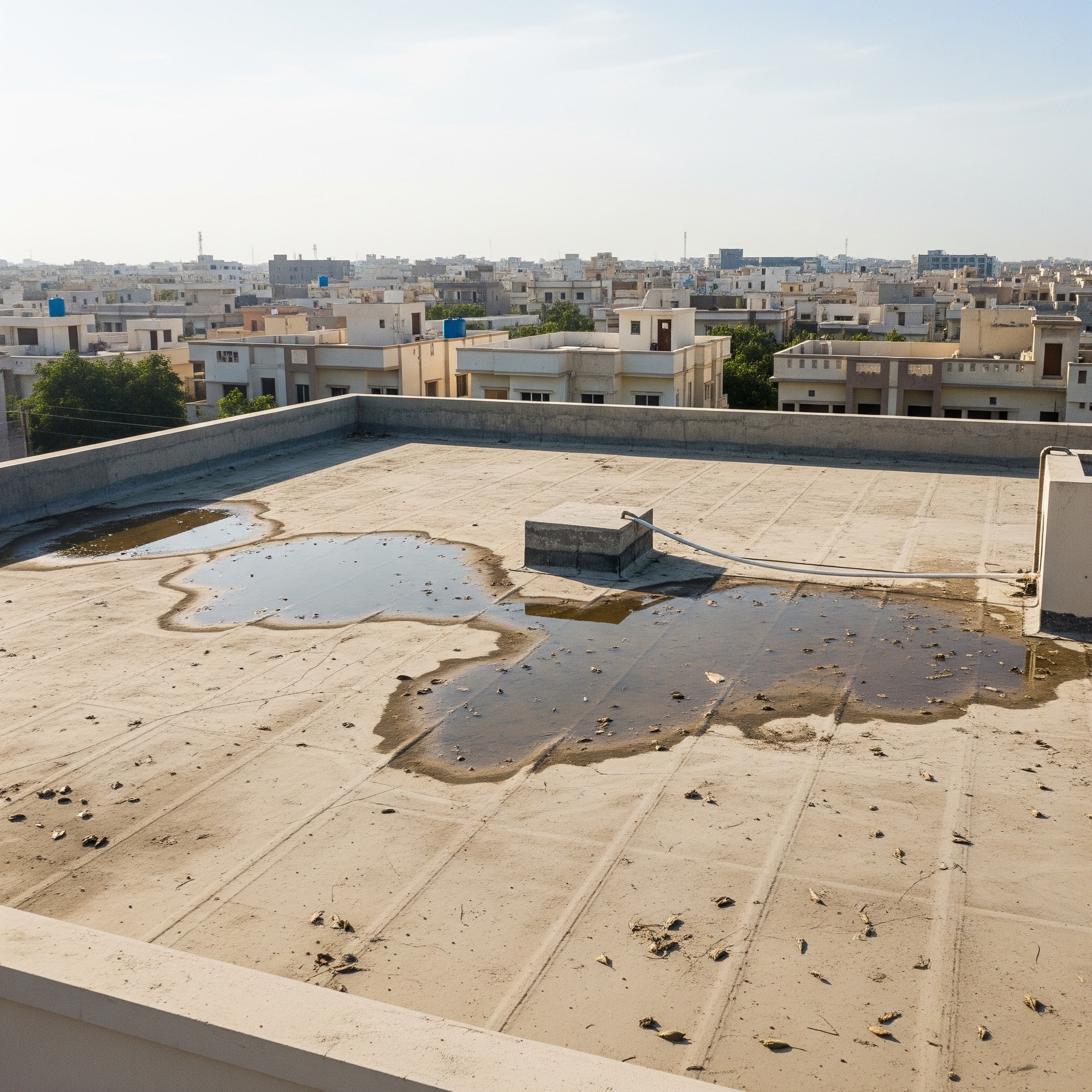 Before `roof waterproofing Karachi`: Visible water stains and leakage on a roof.