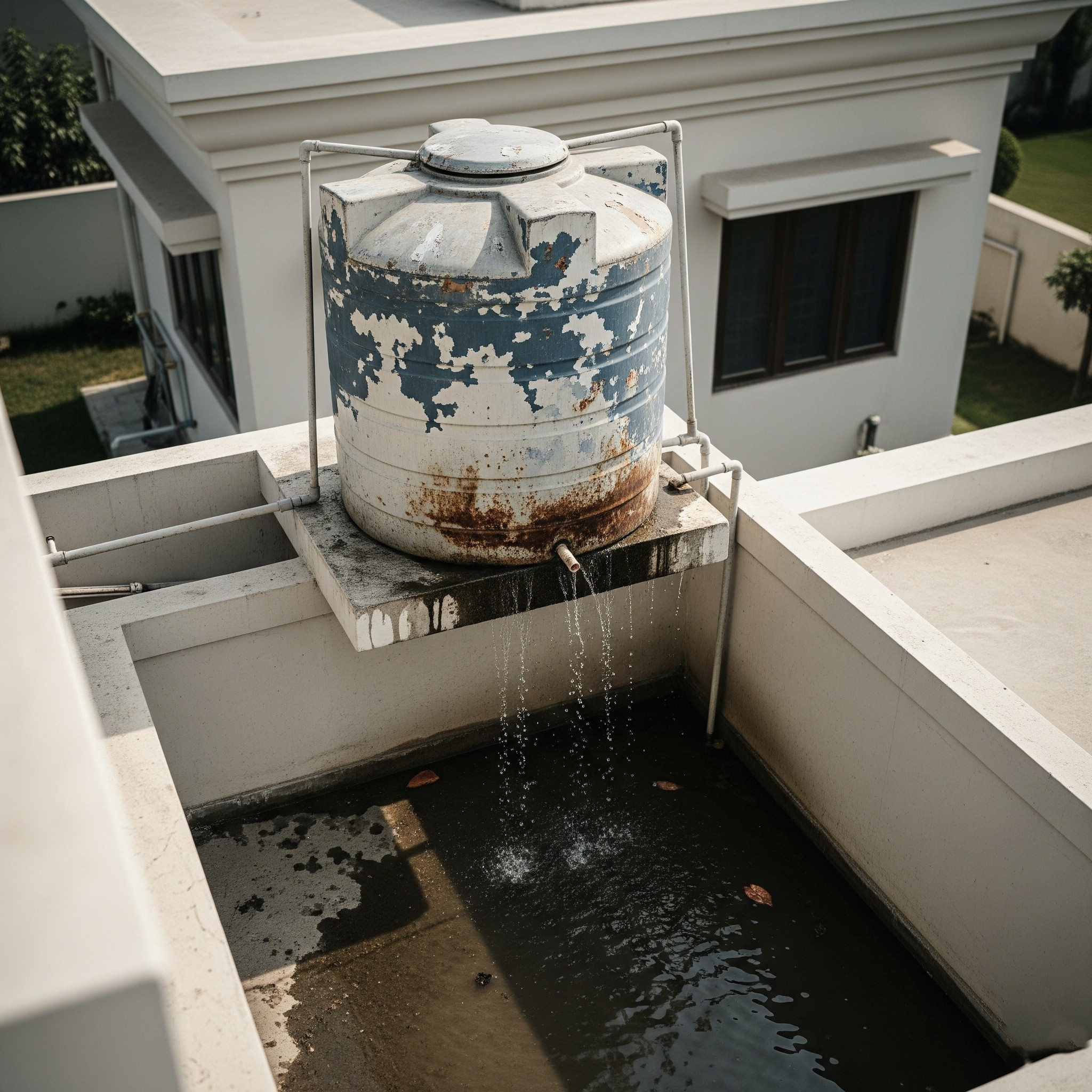 Before `water tank waterproofing Karachi`: A leaking overhead water tank.