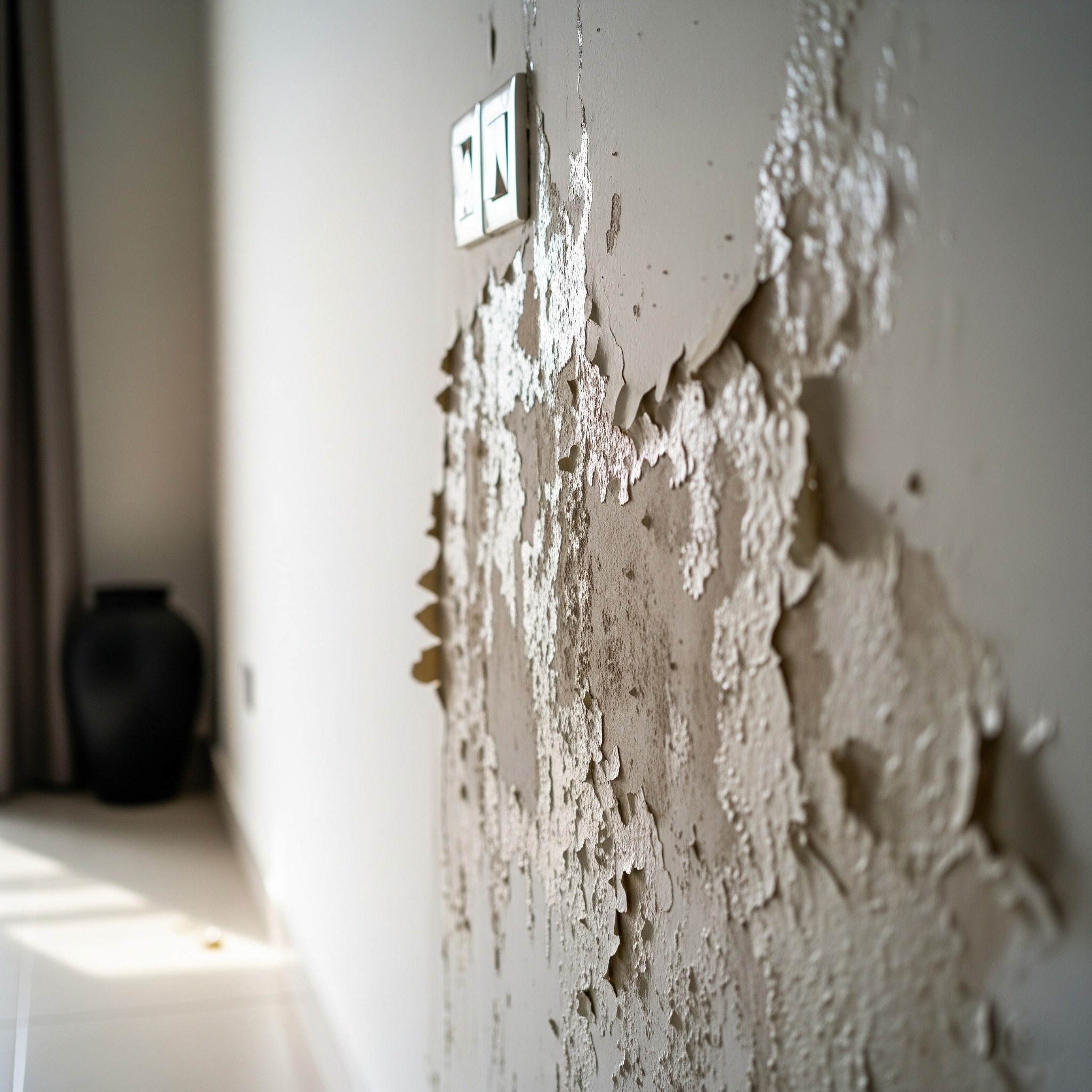 Before `wall dampness treatment Karachi`: Wall with severe dampness and efflorescence.