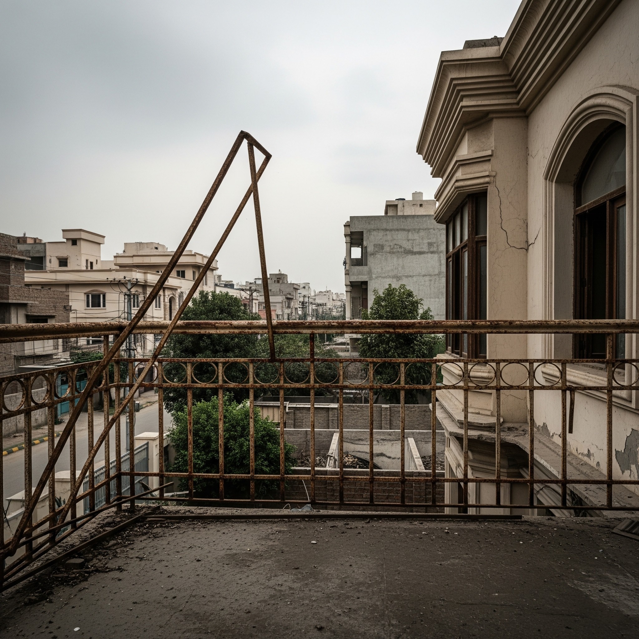 Before `railing fabrication Karachi`: An old, worn-out metal railing.